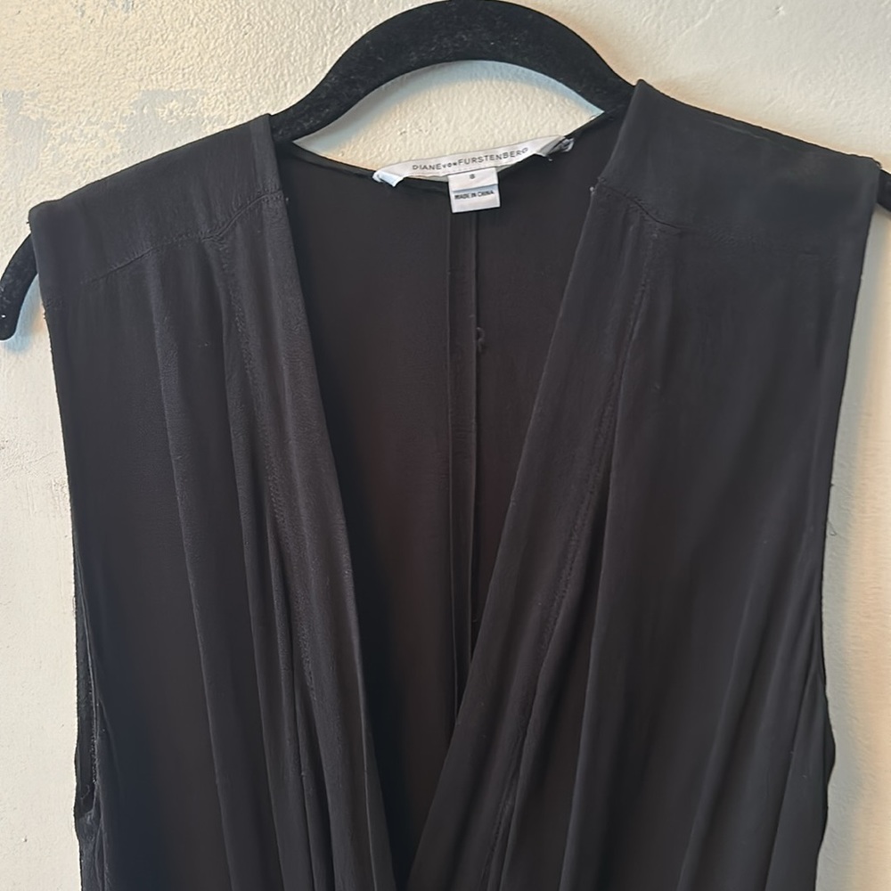 DVF silk crepe jumpsuit: deep v neck wrap front, no zippers, belted, flattering